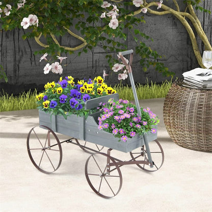 Rustic Wooden Wagon Planter, Decorative Garden Flower Cart with Metal Wheels & Adjustable Handle, Large Raised Bed Plant Stand for Patio Yard