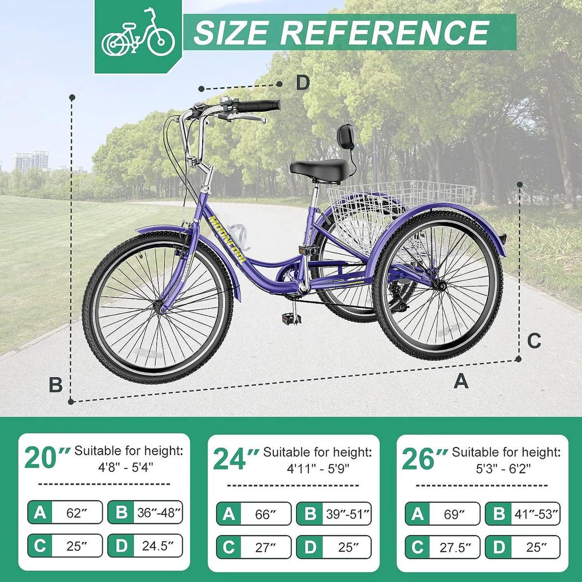 MOONCOOL Adult Tricycles with Rear Basket & Inflator, 24 26 in 7 Speed 3 Wheel Bikes, Three - Product image 157