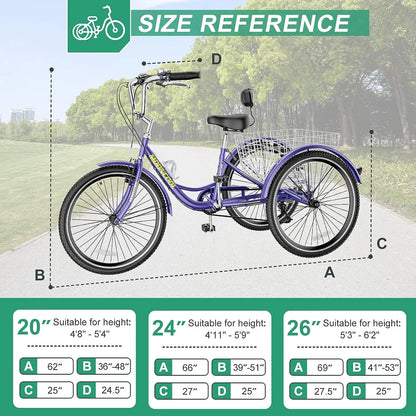 MOONCOOL Adult Tricycles with Rear Basket & Inflator, 24 26 in 7 Speed 3 Wheel Bikes, Three - Product image 157