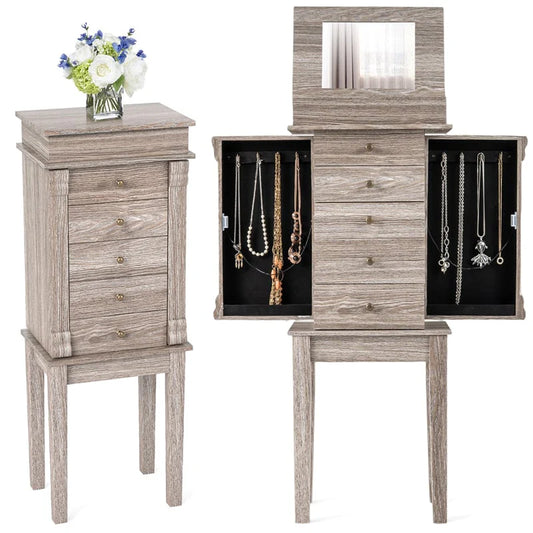 Standing Jewelry Armoire Cabinet with Flip Top Mirror, 5 Drawers & 2 Swing Doors - Product image 1