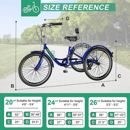 MOONCOOL Adult Tricycles with Rear Basket & Inflator, 24 26 in 7 Speed 3 Wheel Bikes, Three - Product image 80