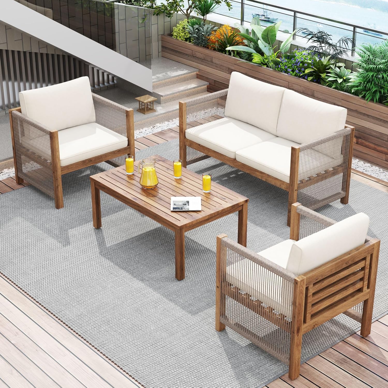 Garden furniture, garden furniture for 4 people, with sofa, coffee table and cushions, removable and washable fabric cover, black (seat cushions included)