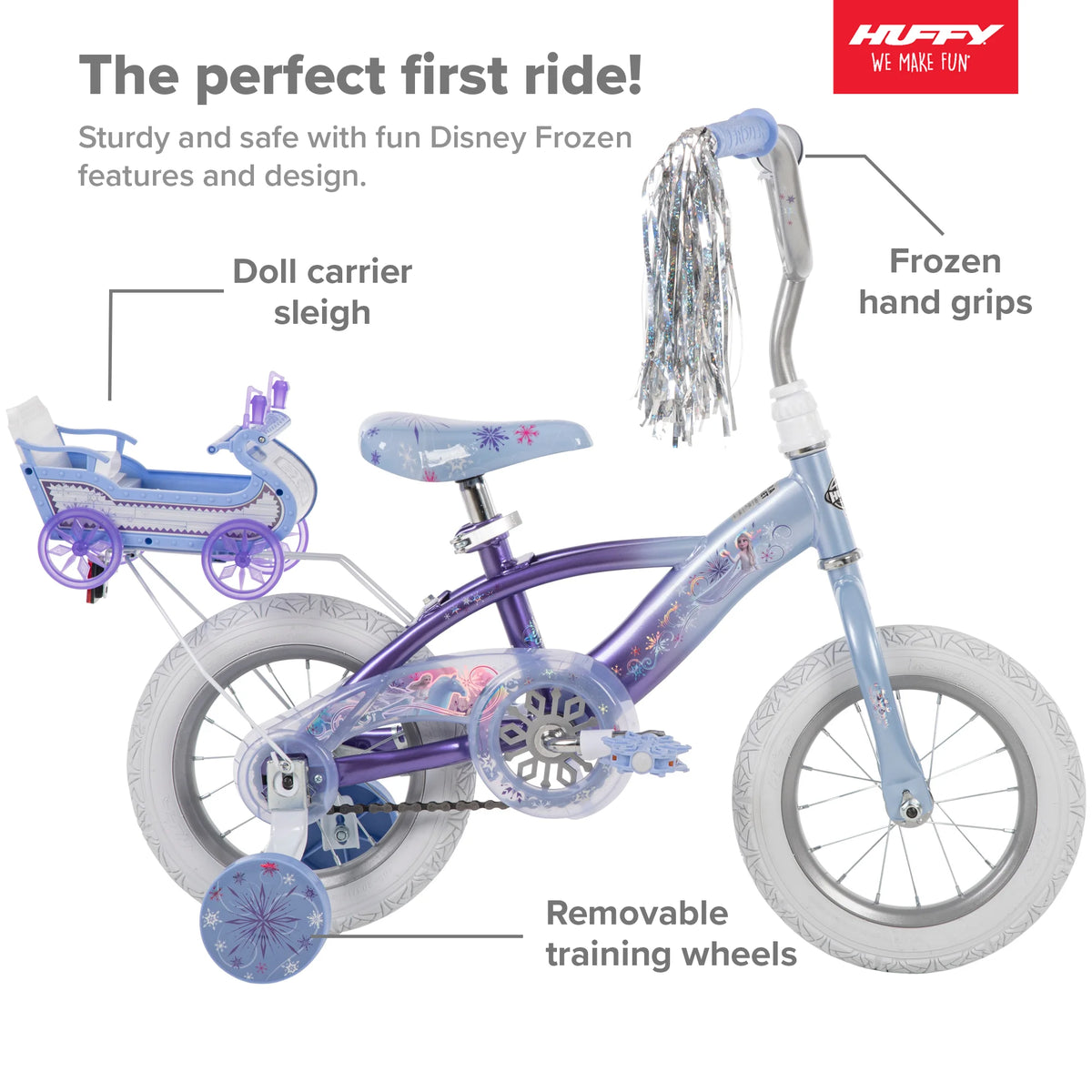 Frozen Bike with Doll Carrier Sleigh for Girl'S, 12 In., White and Purple by Huffy - Product image 3