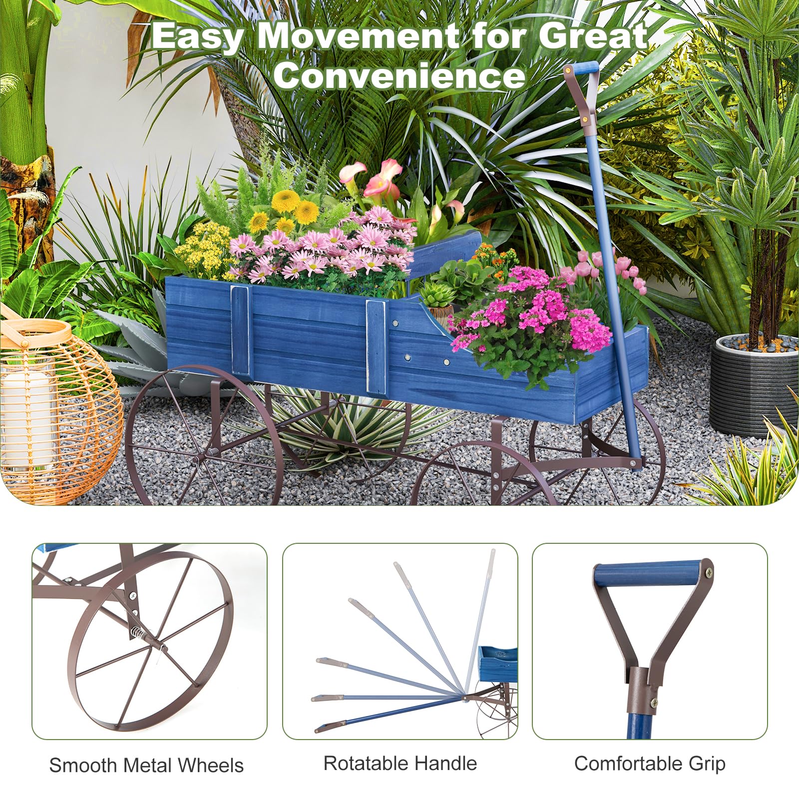 Rustic Wooden Wagon Planter, Decorative Garden Flower Cart with Metal Wheels & Adjustable Handle, Large Raised Bed Plant Stand for Patio Yard