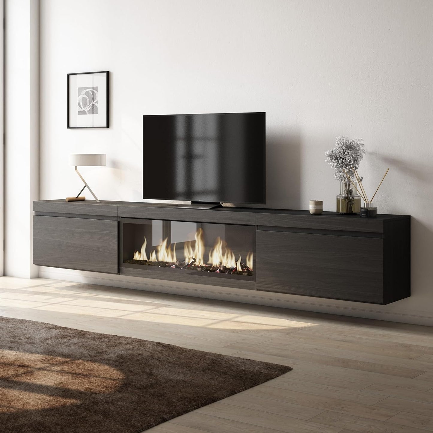 Skraut Home | TV cabinet | TV Bench | Large Storage Space | 267x45x35 cm | Large Format TV | XXL electric fireplace | Suspended, Wall | Modern Style | Black