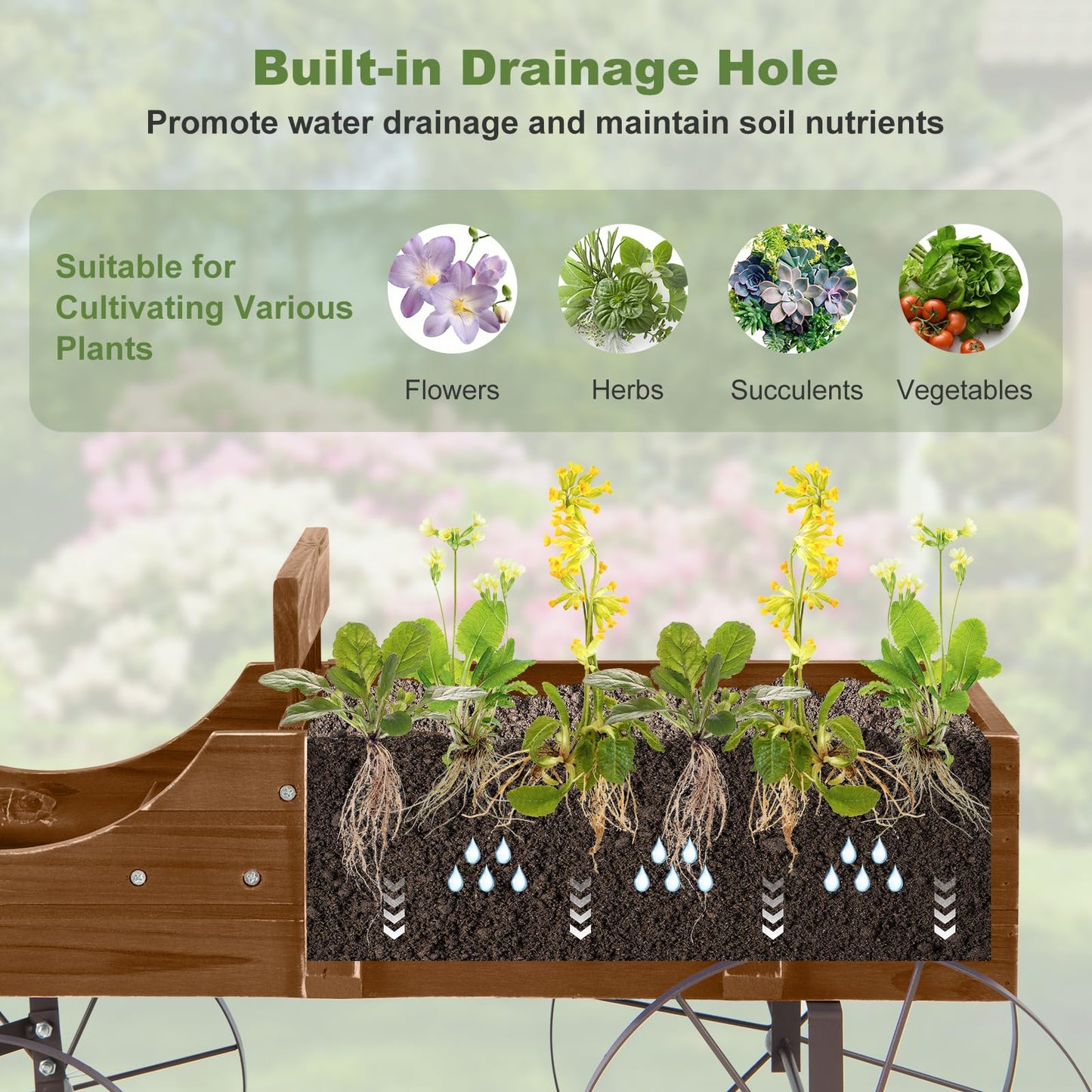 Rustic Wooden Wagon Planter, Decorative Garden Flower Cart with Metal Wheels & Adjustable Handle, Large Raised Bed Plant Stand for Patio Yard