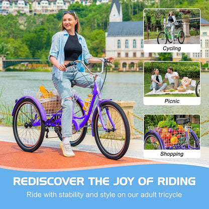 MOONCOOL Adult Tricycles with Rear Basket & Inflator, 24 26 in 7 Speed 3 Wheel Bikes, Three - Product image 158