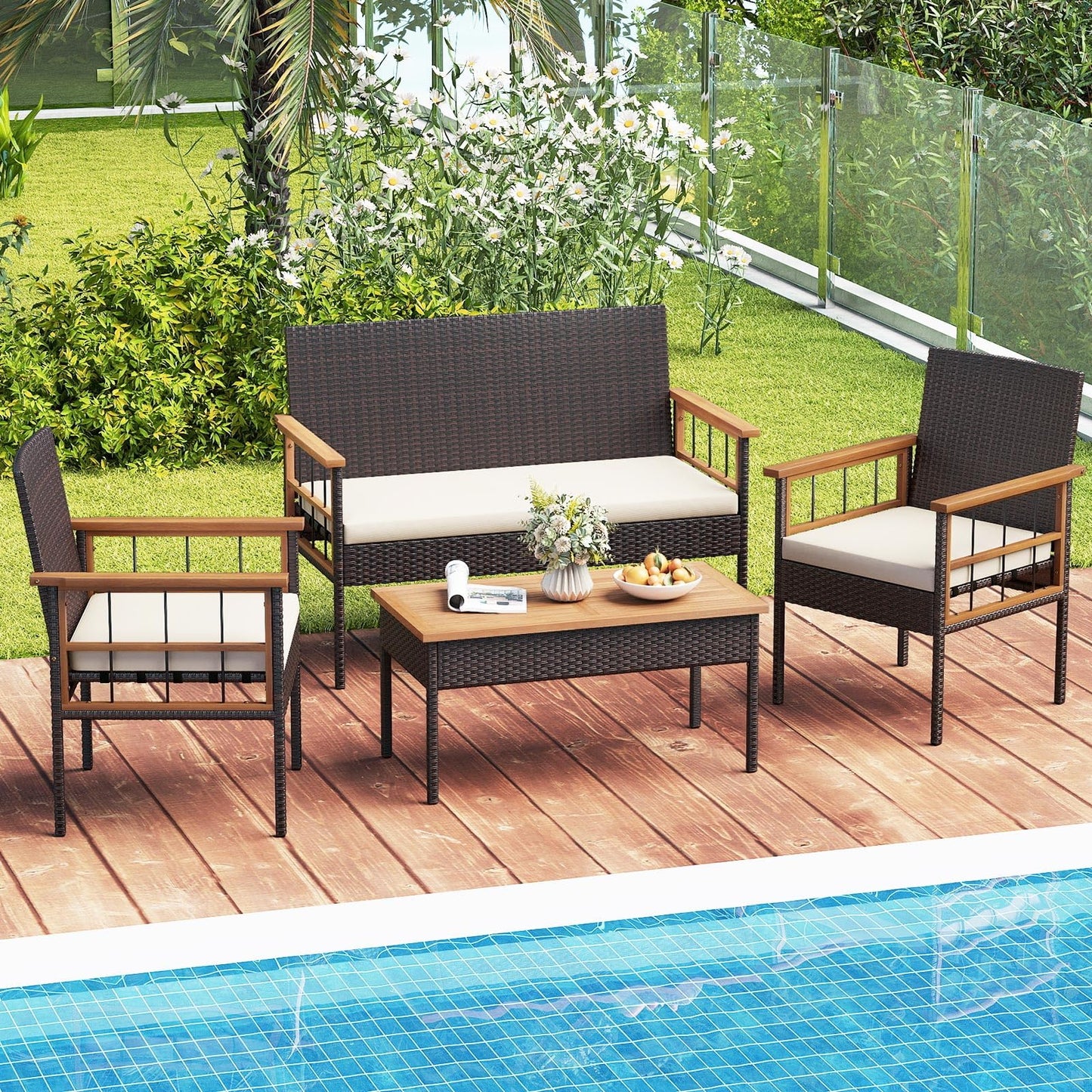 Tangkula 4 Pieces Wicker Patio Conversation Furniture Set