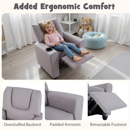 Kids Recliner Chair with Cup Holder & Side Pocket, Adjustable Toddler Lounge Sofa, Ergonomic Children Armchairs for Boys Girls Age 3+, 150lbs