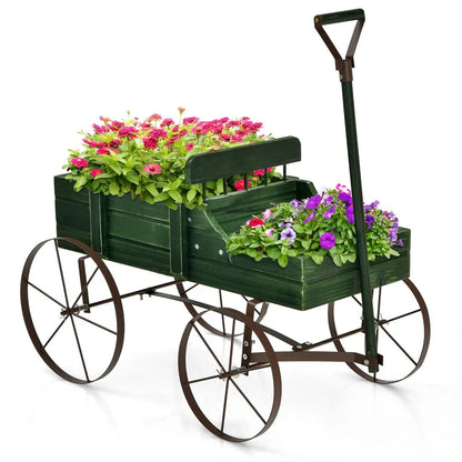 Rustic Wooden Wagon Planter, Decorative Garden Flower Cart with Metal Wheels & Adjustable Handle, Large Raised Bed Plant Stand for Patio Yard