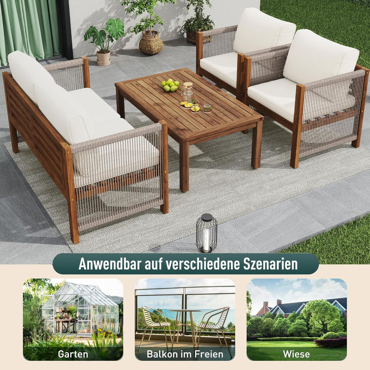 Garden furniture, garden furniture for 4 people, with sofa, coffee table and cushions, removable and washable fabric cover, black (seat cushions included)