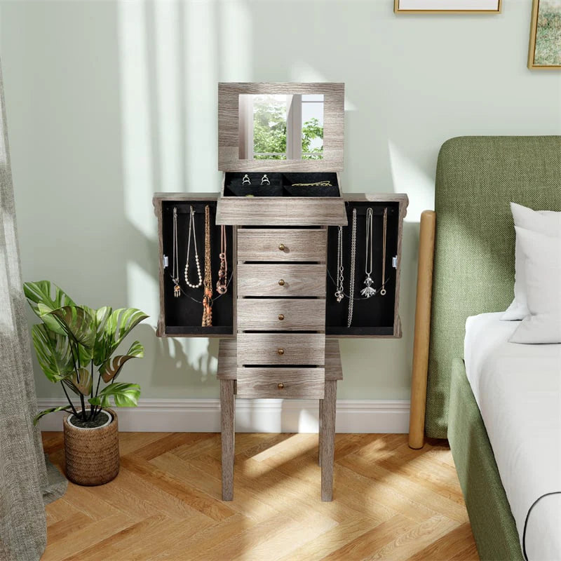 Standing Jewelry Armoire Cabinet with Flip Top Mirror, 5 Drawers & 2 Swing Doors - Product image 5