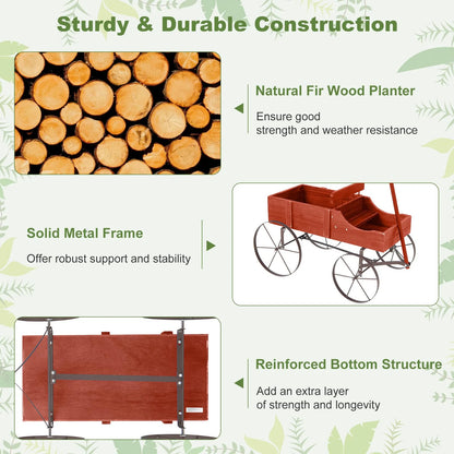 Rustic Wooden Wagon Planter, Decorative Garden Flower Cart with Metal Wheels & Adjustable Handle, Large Raised Bed Plant Stand for Patio Yard