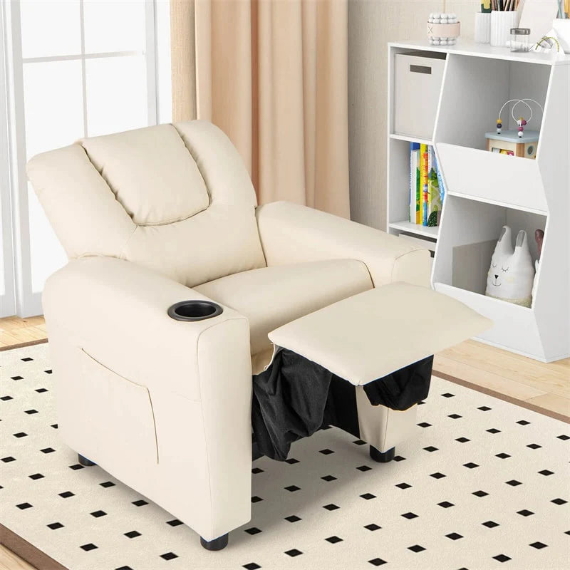 Kids Recliner Chair with Cup Holder & Side Pocket, Adjustable Toddler Lounge Sofa, Ergonomic Children Armchairs for Boys Girls Age 3+, 150lbs