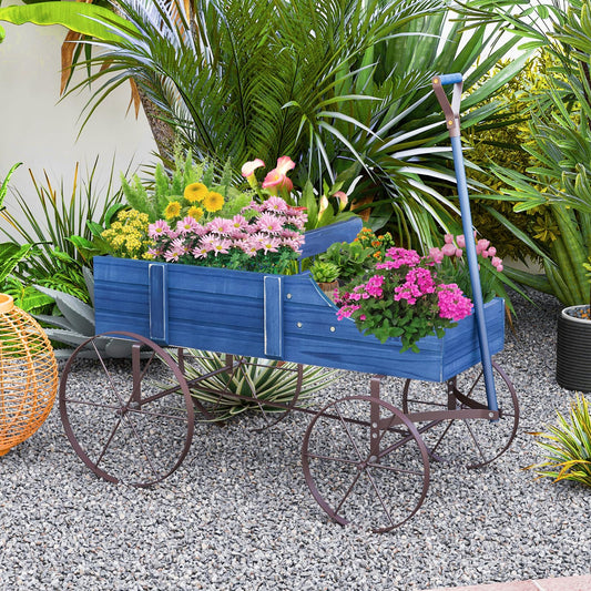 Rustic Wooden Wagon Planter, Decorative Garden Flower Cart with Metal Wheels & Adjustable Handle, Large Raised Bed Plant Stand for Patio Yard
