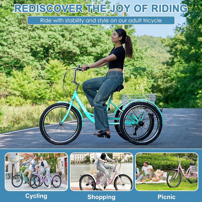 MOONCOOL Adult Tricycles with Rear Basket & Inflator, 24 26 in 7 Speed 3 Wheel Bikes, Three - Product image 14