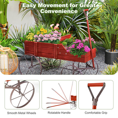 Rustic Wooden Wagon Planter, Decorative Garden Flower Cart with Metal Wheels & Adjustable Handle, Large Raised Bed Plant Stand for Patio Yard