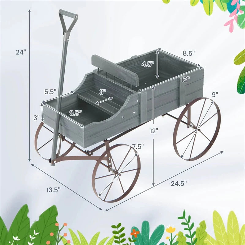 Rustic Wooden Wagon Planter, Decorative Garden Flower Cart with Metal Wheels & Adjustable Handle, Large Raised Bed Plant Stand for Patio Yard