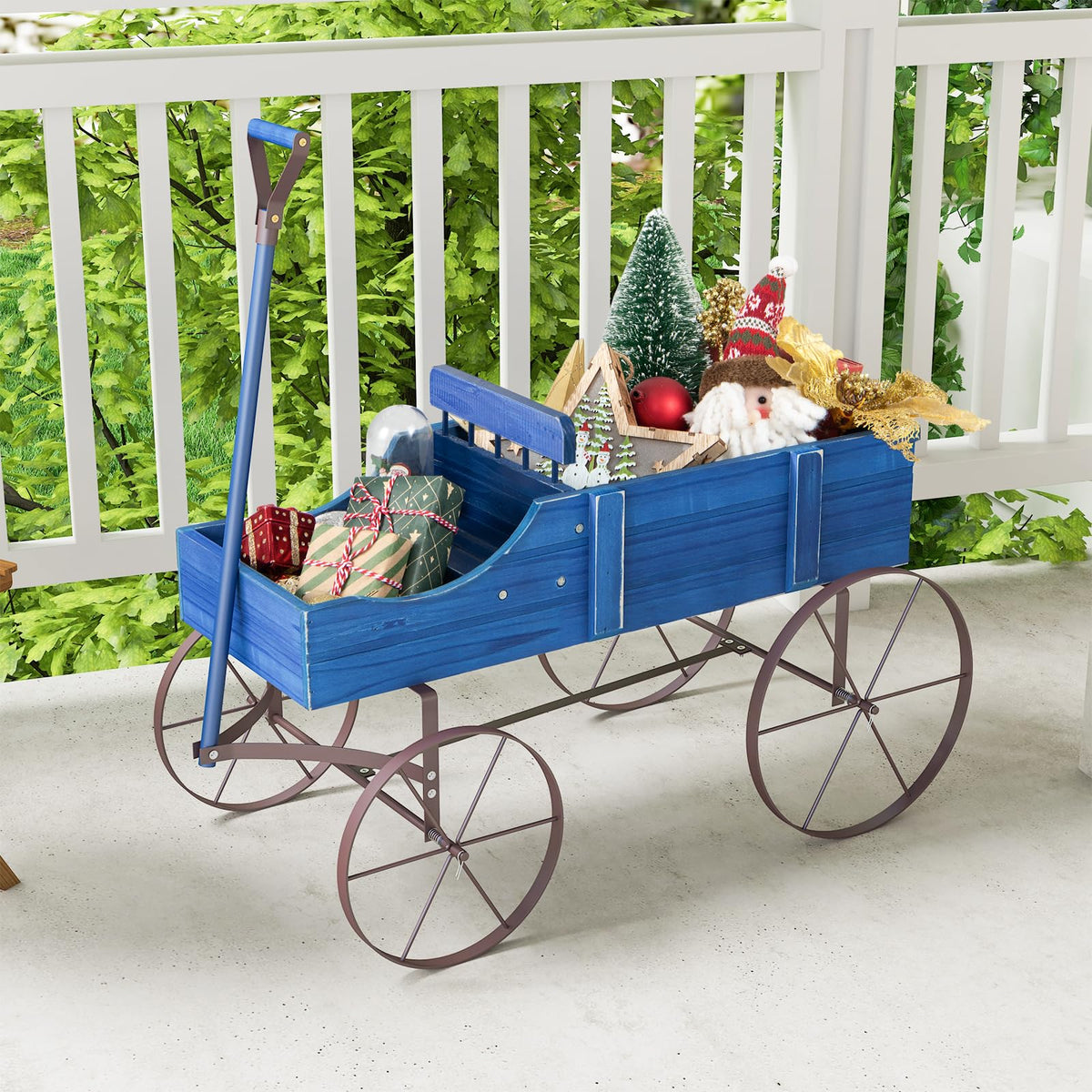 Rustic Wooden Wagon Planter, Decorative Garden Flower Cart with Metal Wheels & Adjustable Handle, Large Raised Bed Plant Stand for Patio Yard