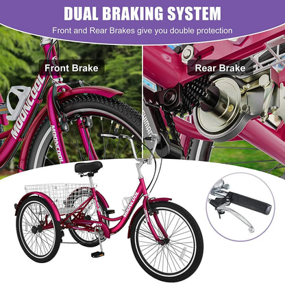 MOONCOOL Adult Tricycles with Rear Basket & Inflator, 24 26 in 7 Speed 3 Wheel Bikes, Three - Product image 65