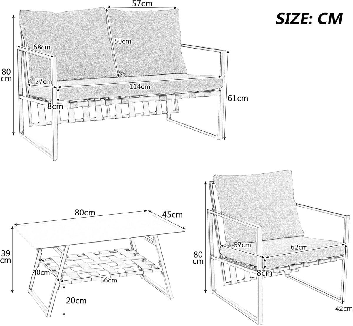 Garden furniture, garden furniture for 4 people, with sofa, coffee table and cushions, removable and washable fabric cover, black (seat cushions included)