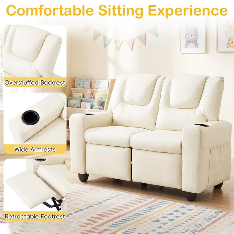 2-Seater Kids Recliner, PU Leather Reclining Loveseat with Cup Holders & 2 Side Storage Pockets - Product image 5