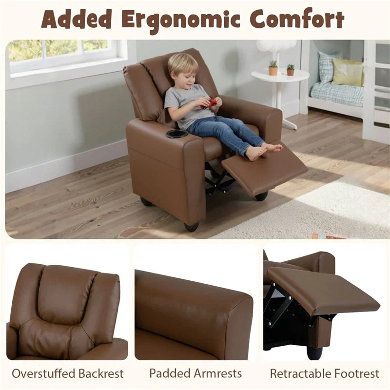 Kids Recliner Chair with Cup Holder & Side Pocket, Adjustable Toddler Lounge Sofa, Ergonomic Children Armchairs for Boys Girls Age 3+, 150lbs