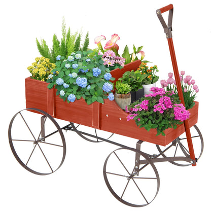 Rustic Wooden Wagon Planter, Decorative Garden Flower Cart with Metal Wheels & Adjustable Handle, Large Raised Bed Plant Stand for Patio Yard