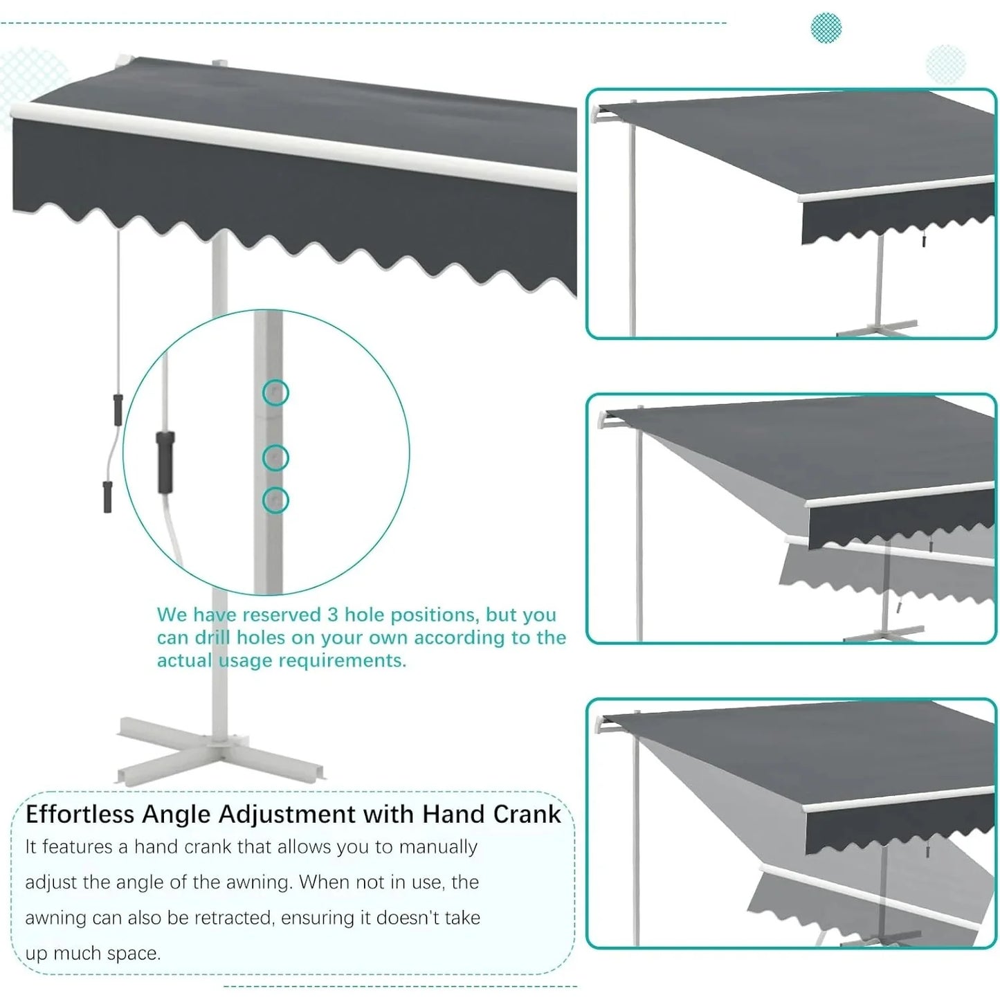 AECOJOY Free Standing Retractable Awning, 13'x10' Patio Awnings Outdoor Manual Sun Shade Shelter, Dark Grey - Product image 7