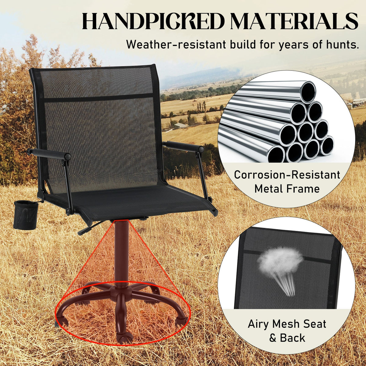 AECOJOY Hunting Swivel Chair, Adjustable Height, Foldable Backrest, Sturdy Frame for Long Hunts - Product image 7