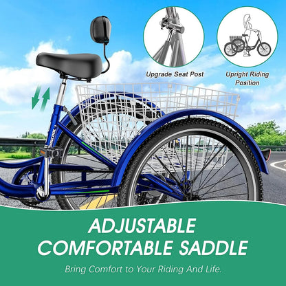 MOONCOOL Adult Tricycles with Rear Basket & Inflator, 24 26 in 7 Speed 3 Wheel Bikes, Three - Product image 78