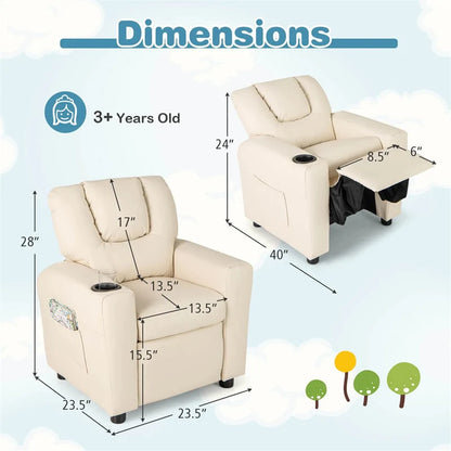 Kids Recliner Chair with Cup Holder & Side Pocket, Adjustable Toddler Lounge Sofa, Ergonomic Children Armchairs for Boys Girls Age 3+, 150lbs