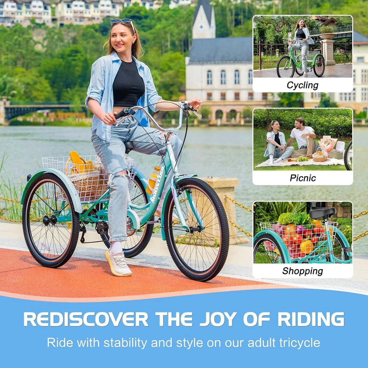 MOONCOOL Adult Tricycles with Rear Basket & Inflator, 24 26 in 7 Speed 3 Wheel Bikes, Three - Product image 59