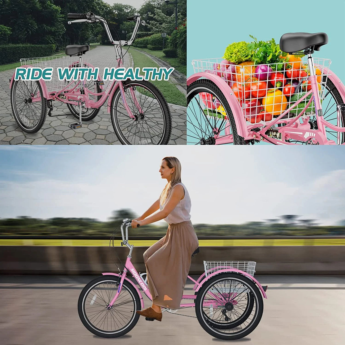 MOONCOOL Adult Tricycles with Rear Basket & Inflator, 24 26 in 7 Speed 3 Wheel Bikes, Three - Product image 139