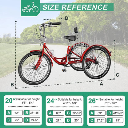 MOONCOOL Adult Tricycles with Rear Basket & Inflator, 24 26 in 7 Speed 3 Wheel Bikes, Three - Product image 29