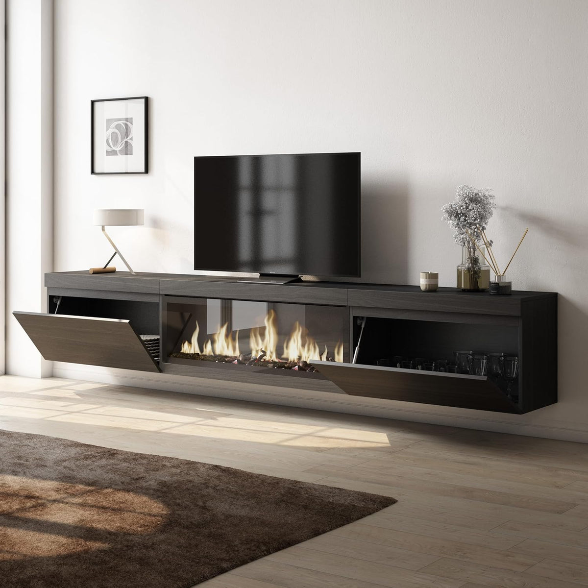 Skraut Home | TV cabinet | TV Bench | Large Storage Space | 267x45x35 cm | Large Format TV | XXL electric fireplace | Suspended, Wall | Modern Style | Black