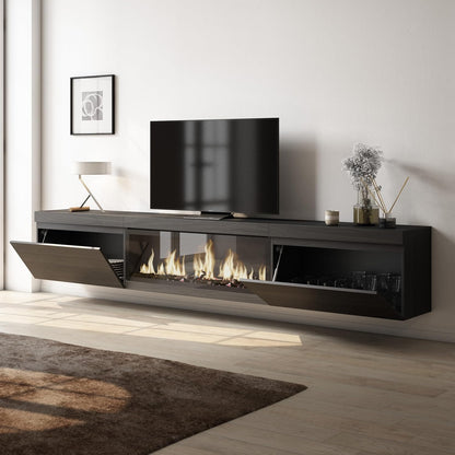 Skraut Home | TV cabinet | TV Bench | Large Storage Space | 267x45x35 cm | Large Format TV | XXL electric fireplace | Suspended, Wall | Modern Style | Black