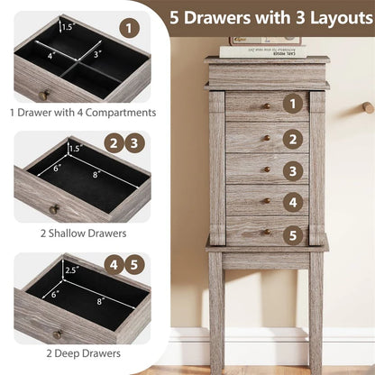 Standing Jewelry Armoire Cabinet with Flip Top Mirror, 5 Drawers & 2 Swing Doors - Product image 7