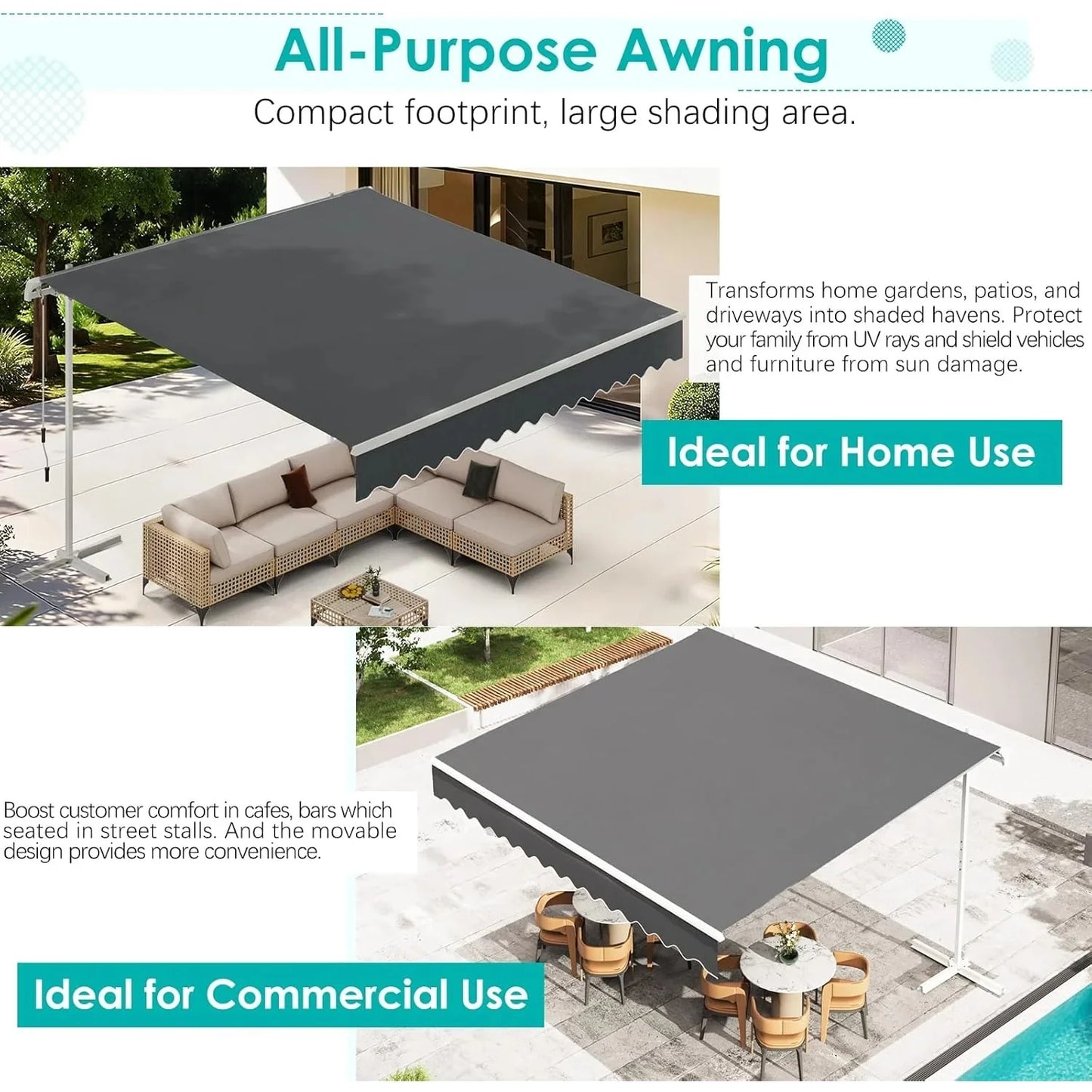 AECOJOY Free Standing Retractable Awning, 13'x10' Patio Awnings Outdoor Manual Sun Shade Shelter, Dark Grey - Product image 4