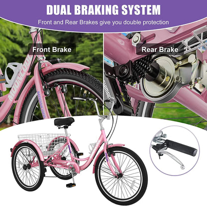 MOONCOOL Adult Tricycles with Rear Basket & Inflator, 24 26 in 7 Speed 3 Wheel Bikes, Three - Product image 115
