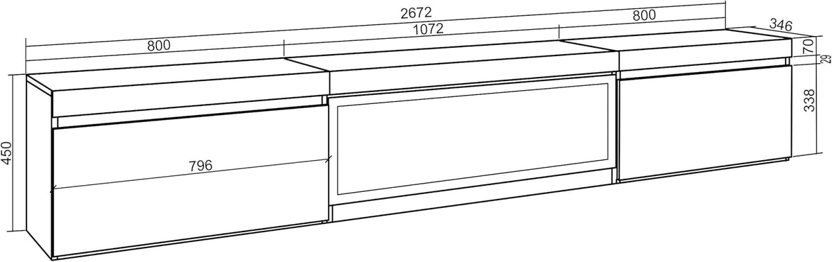 Skraut Home | TV cabinet | TV Bench | Large Storage Space | 267x45x35 cm | Large Format TV | XXL electric fireplace | Suspended, Wall | Modern Style | Black