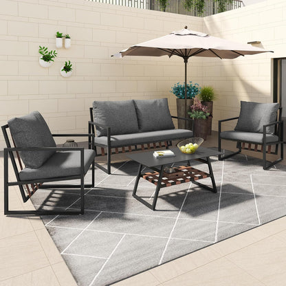 Garden furniture, garden furniture for 4 people, with sofa, coffee table and cushions, removable and washable fabric cover, black (seat cushions included)