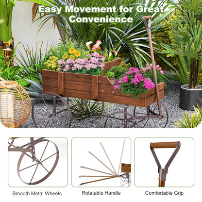 Rustic Wooden Wagon Planter, Decorative Garden Flower Cart with Metal Wheels & Adjustable Handle, Large Raised Bed Plant Stand for Patio Yard