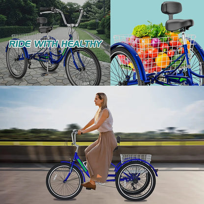 MOONCOOL Adult Tricycles with Rear Basket & Inflator, 24 26 in 7 Speed 3 Wheel Bikes, Three - Product image 81