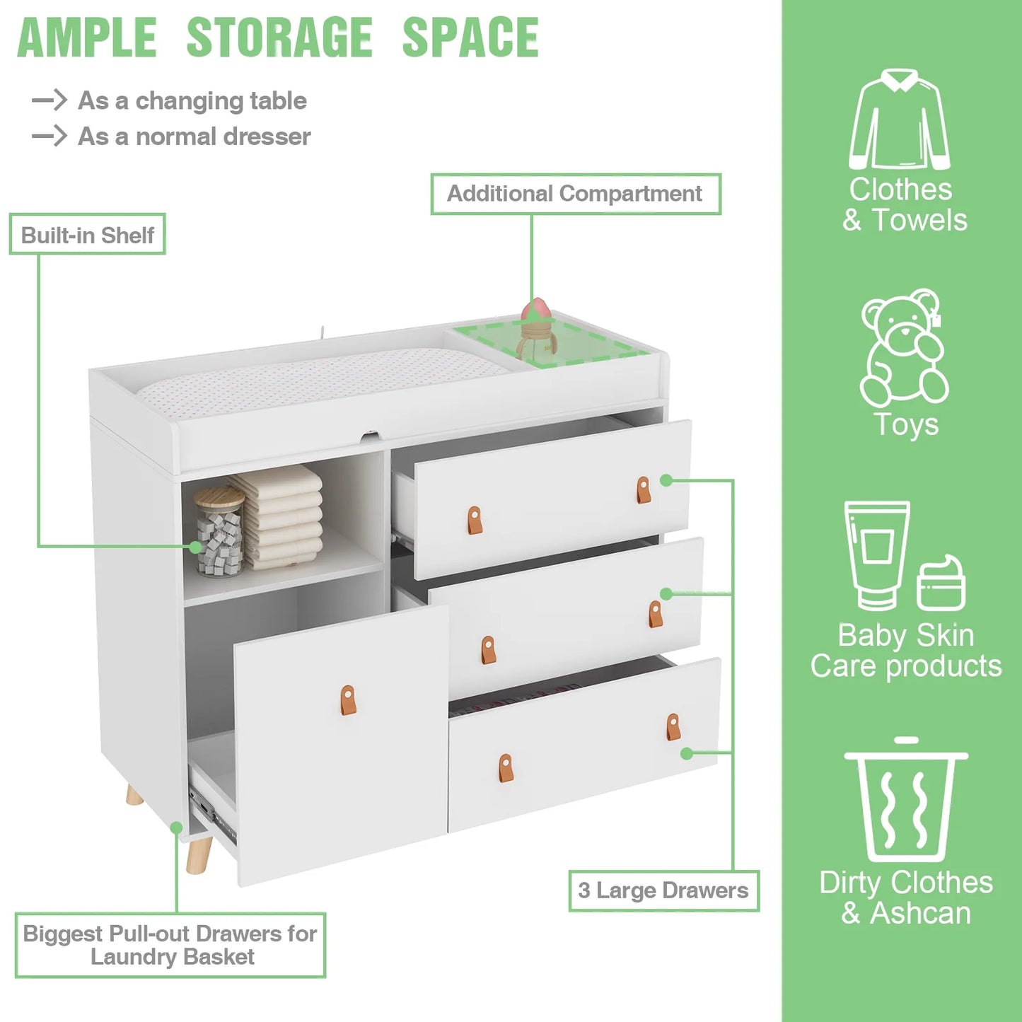 OXYLIFE 45" Baby Nursery Changing Table Dresser with 4 Drawers and Shelf for Nursery Room, White - Product image 45