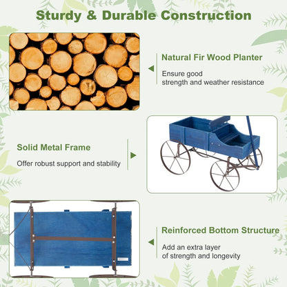 Rustic Wooden Wagon Planter, Decorative Garden Flower Cart with Metal Wheels & Adjustable Handle, Large Raised Bed Plant Stand for Patio Yard
