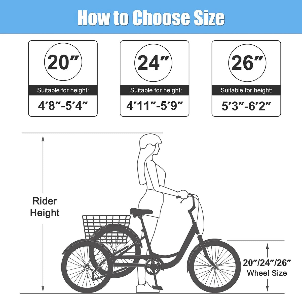 MOONCOOL Adult Tricycles with Rear Basket & Inflator, 24 26 in 7 Speed 3 Wheel Bikes, Three - Product image 52