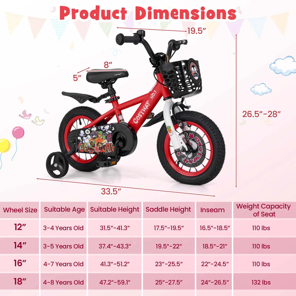 Costway 16" Kid'S Bike for 4 - 7 with Height - Adjustable Handlebar & Saddle Handbrake Blue - Product image 33