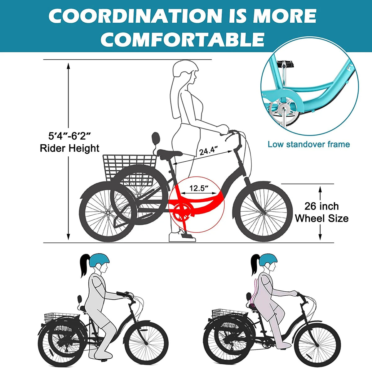 MOONCOOL Adult Tricycles with Rear Basket & Inflator, 24 26 in 7 Speed 3 Wheel Bikes, Three - Product image 151