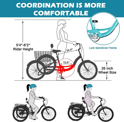 MOONCOOL Adult Tricycles with Rear Basket & Inflator, 24 26 in 7 Speed 3 Wheel Bikes, Three - Product image 151